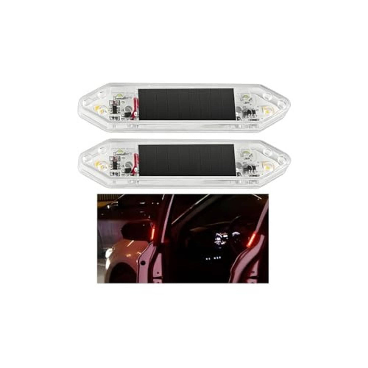 Set of two clear LED door warning lights with red strobe for car door sills