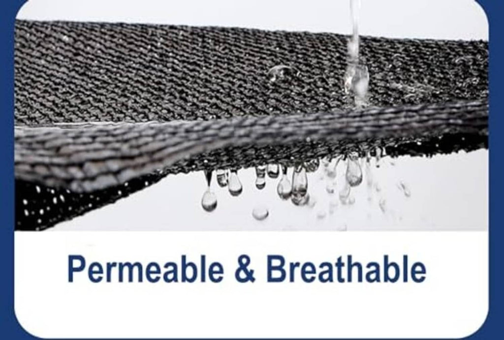 Dark shade mesh tarp fabric with braided hem edge and water droplets detail