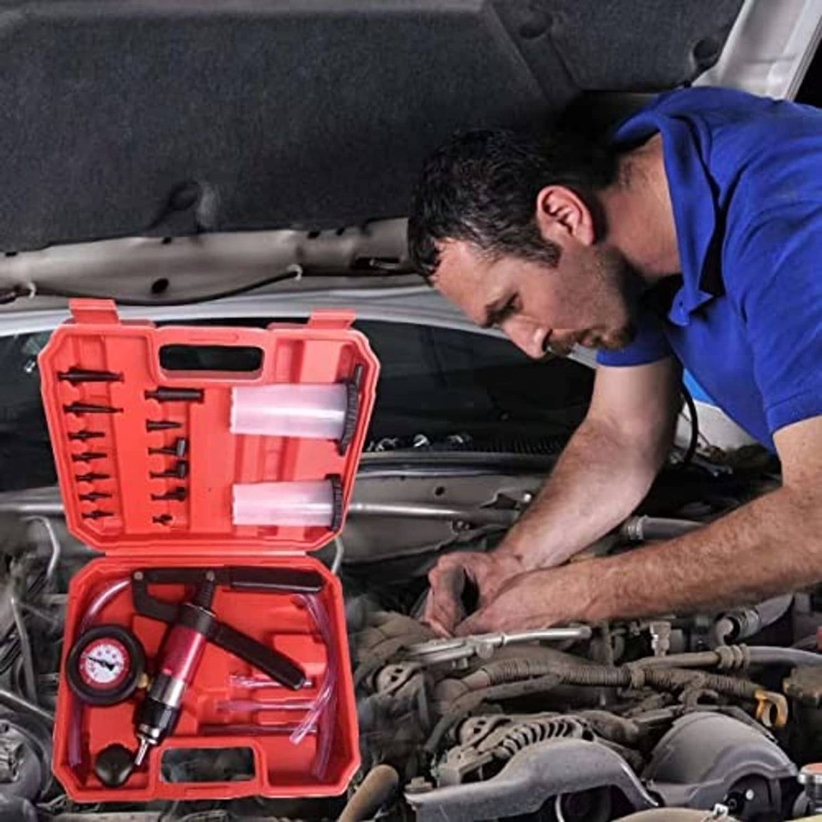 Brake bleeding tool kit open in red case, pressure gauge and pump used under hood