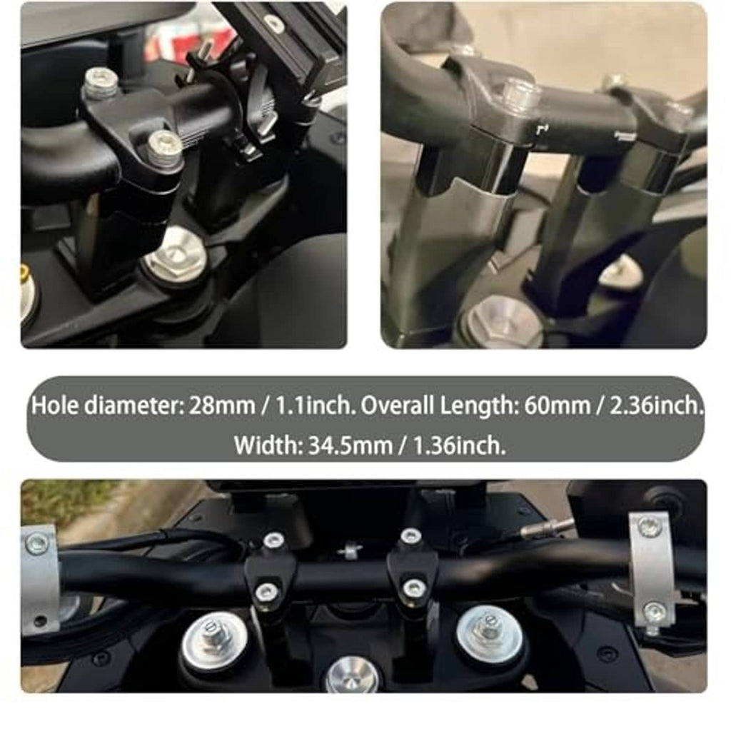 Black handlebar riser clamps installed on motorcycle handlebar with bolts