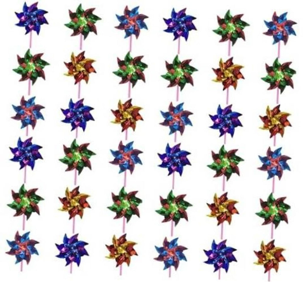 Kids plastic rainbow pinwheels on pink sticks, assorted blue green red star shapes