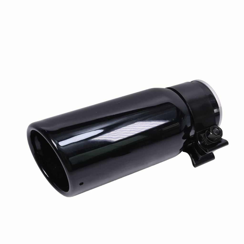 Black exhaust tip with round outlet and clamp hardware, angled side view