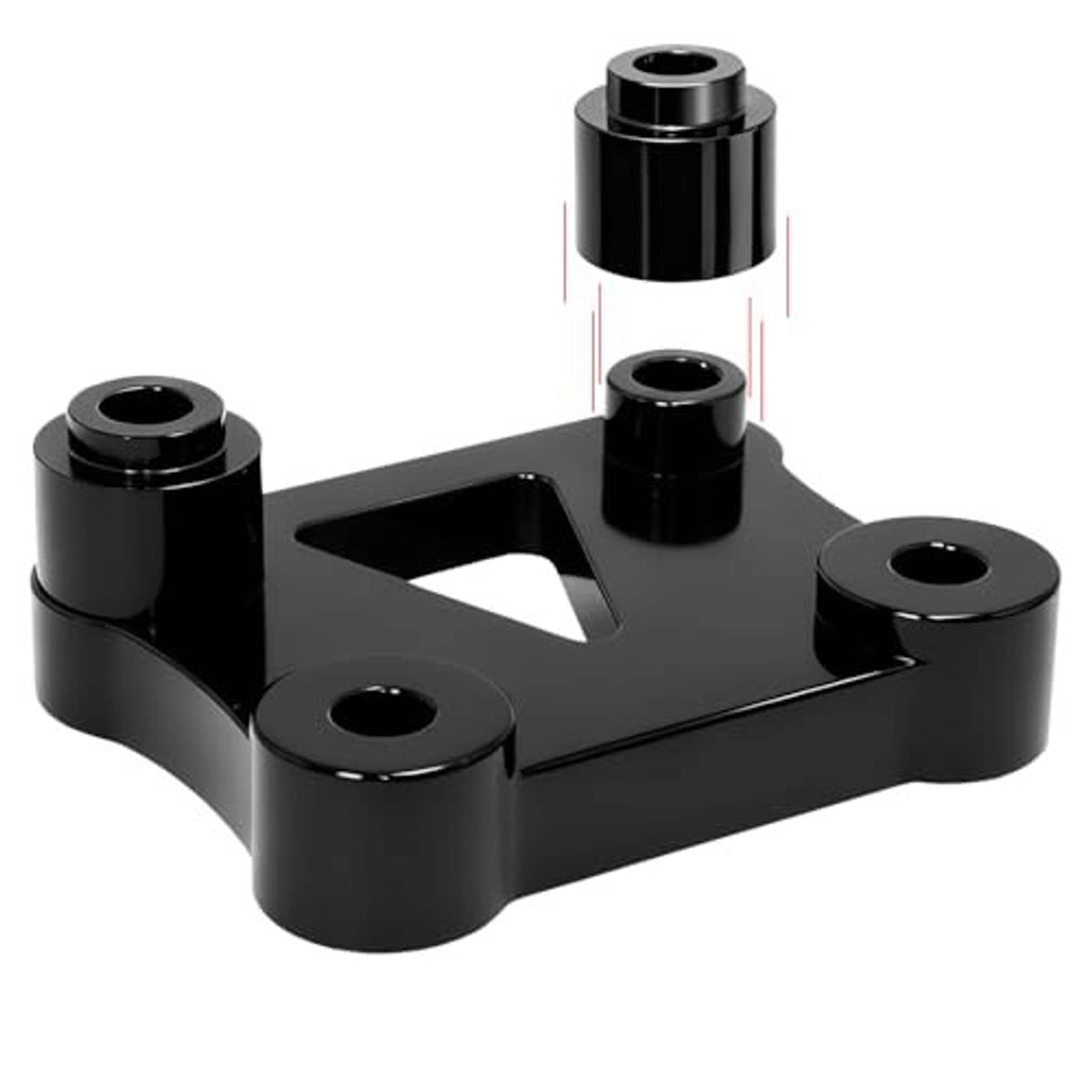 Black handlebar riser adapter bracket with triangular center cutout and four mounting holes