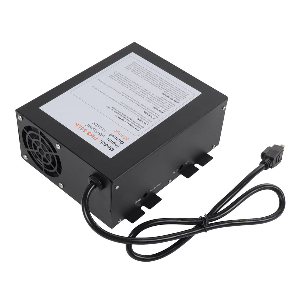 Black RV power converter with cooling fan grille, wiring, and instruction label