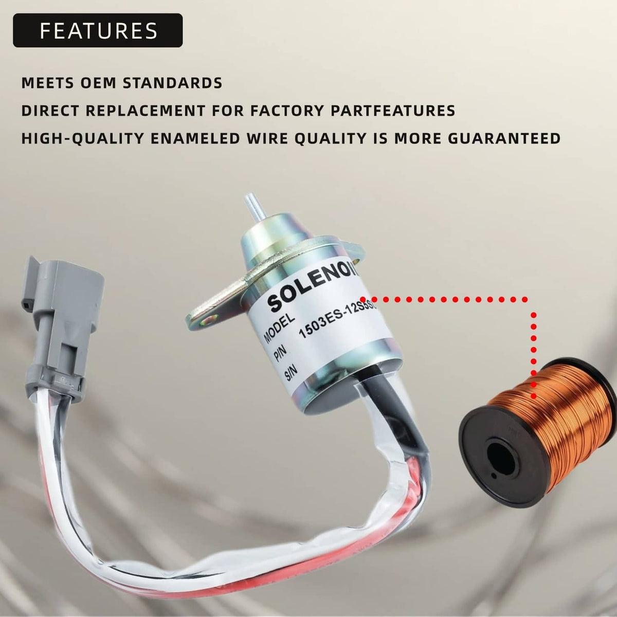 Fuel shut off solenoid with copper coil and gray plug, wire harness