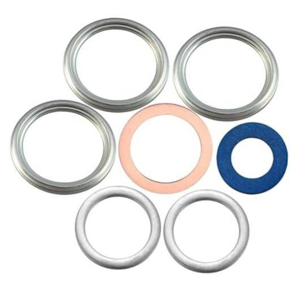 Set of 7 differential drain plug gasket rings: silver, orange, and blue