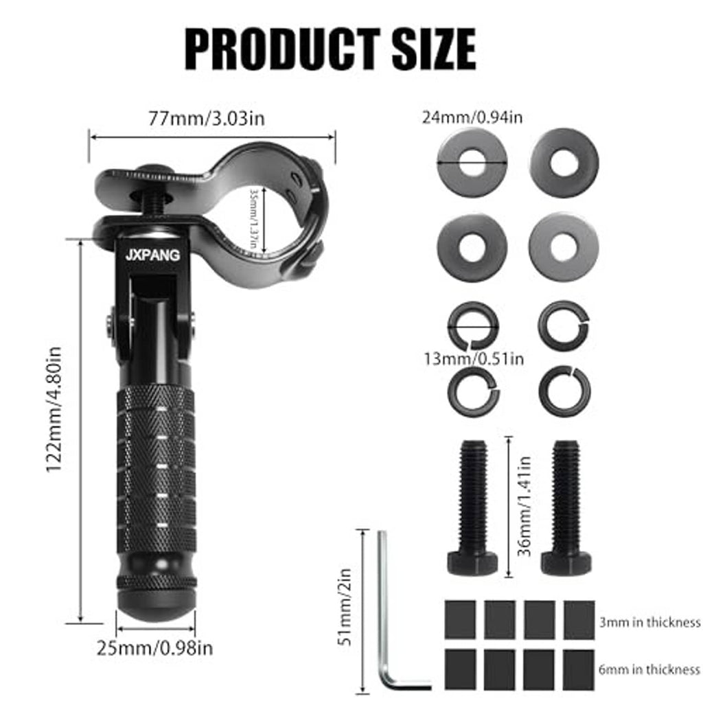 Black folding motorcycle rearset footrest with size details for mounting.