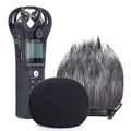 Handheld audio recorder windscreen with black foam and gray furry outer cover