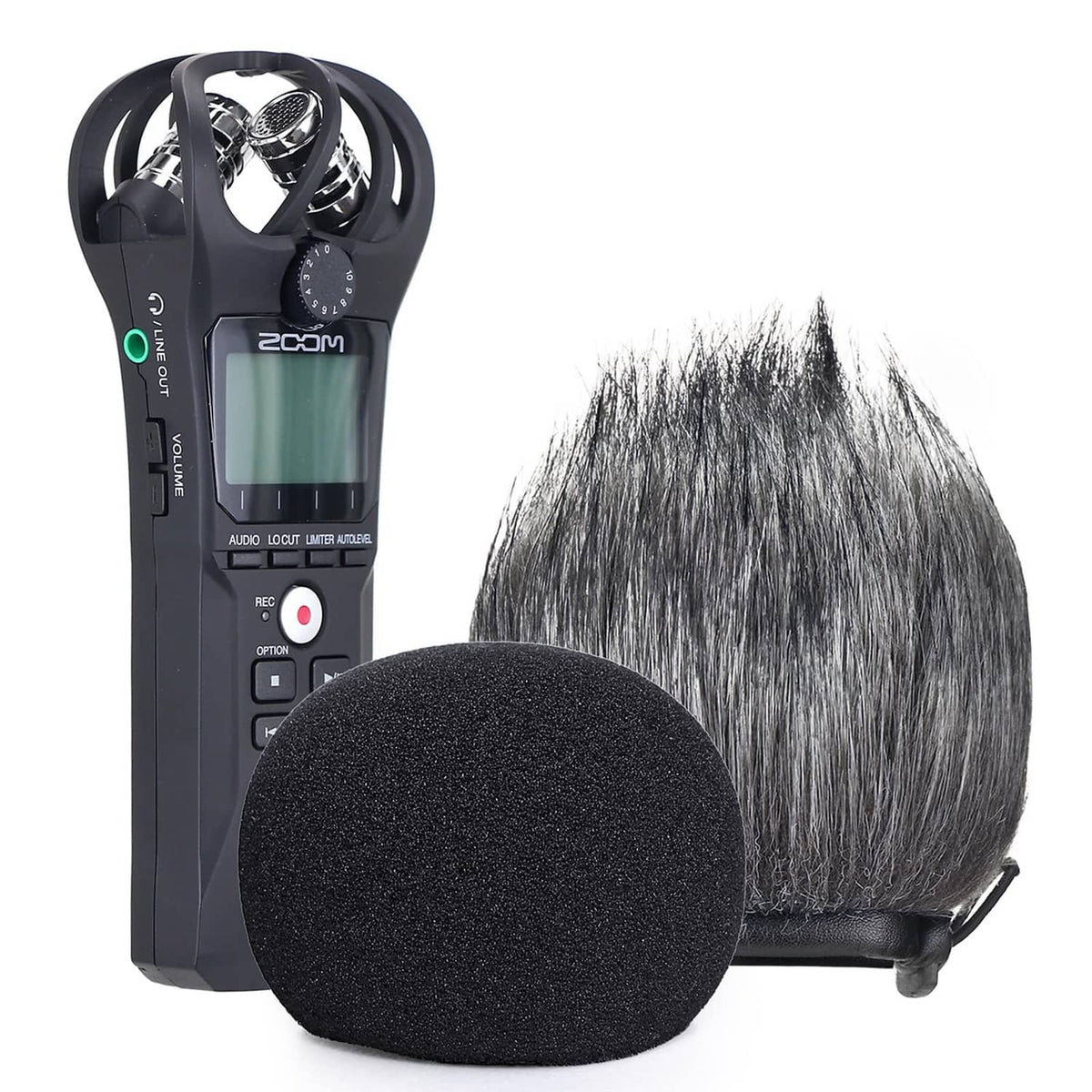 Handheld audio recorder windscreen with black foam and gray furry outer cover