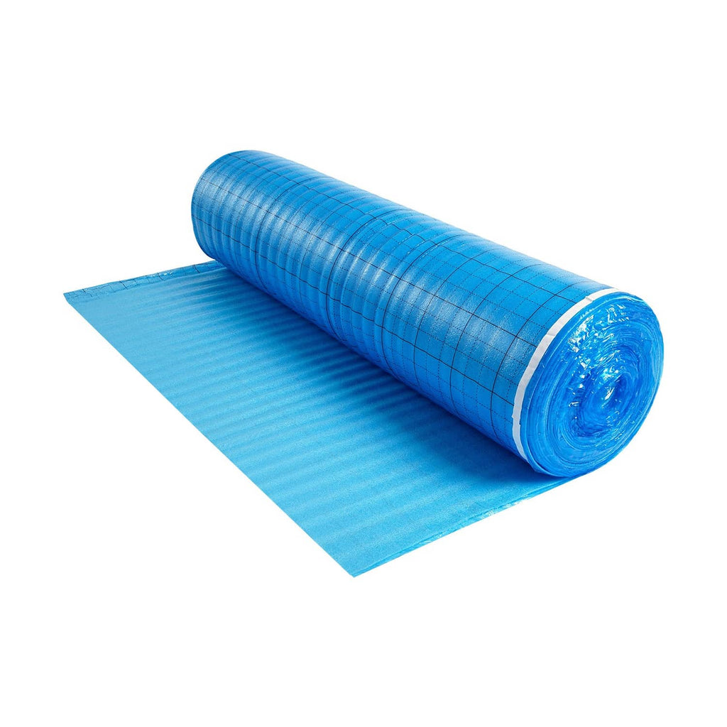 Blue floor underlayment roll with fine grid pattern, laid on a flat sheet