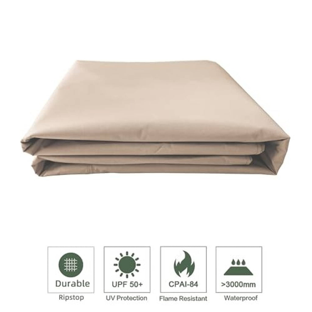 Folded light beige gazebo cover with black side fabric panels and corner loops