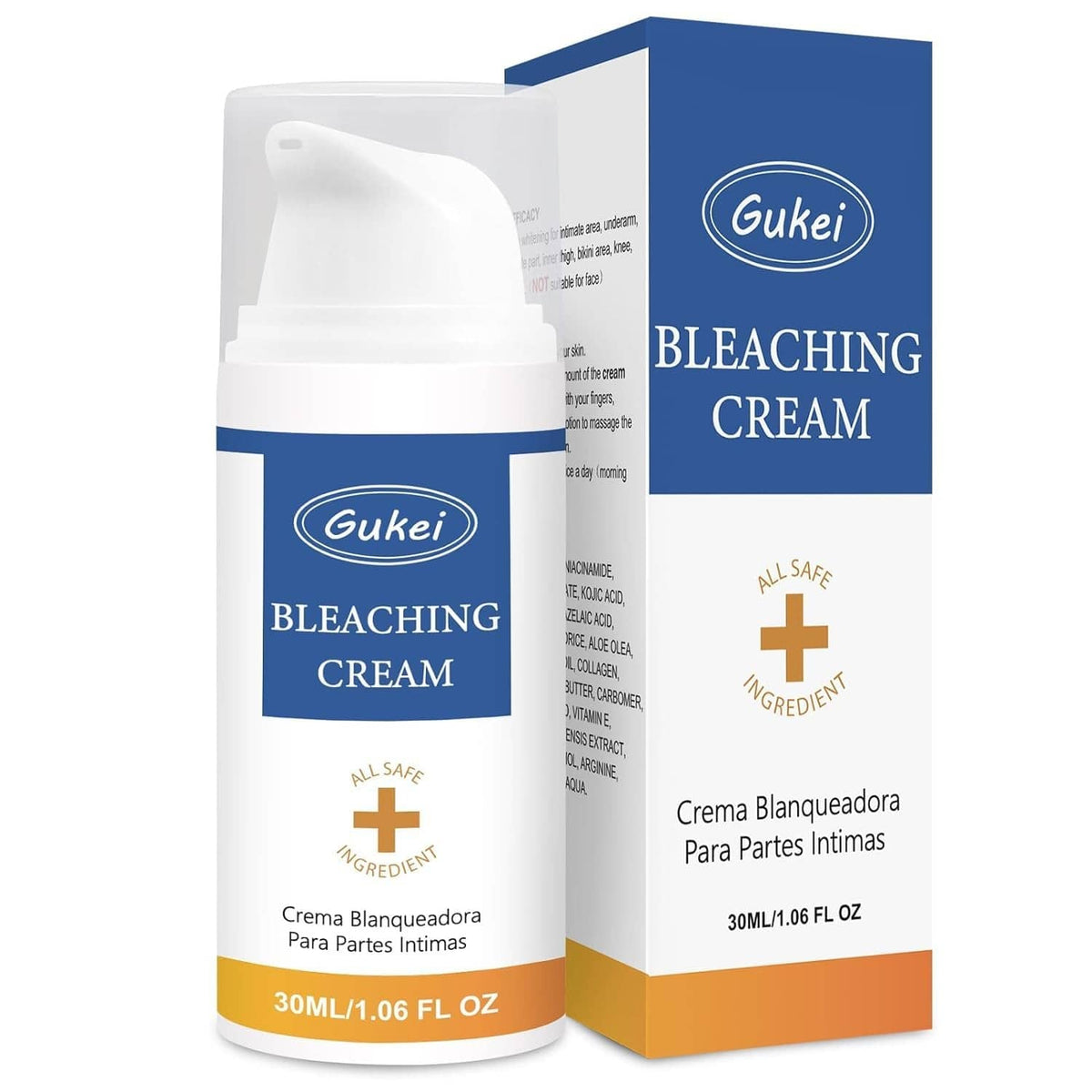 Colorless bleaching cream bottle with blue label, 30 ml, and boxed package