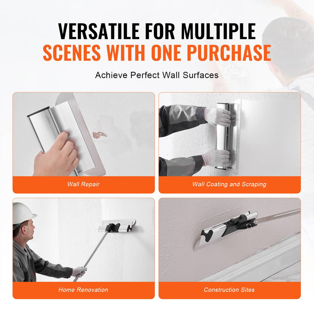 Drywall skimming blade scraper set with long pole and multiple blade attachments