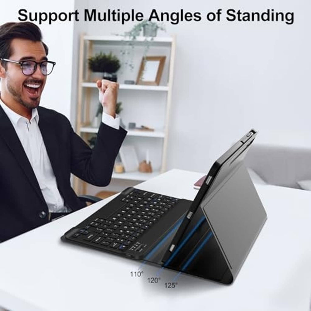 Black tablet keyboard case with adjustable standing angles