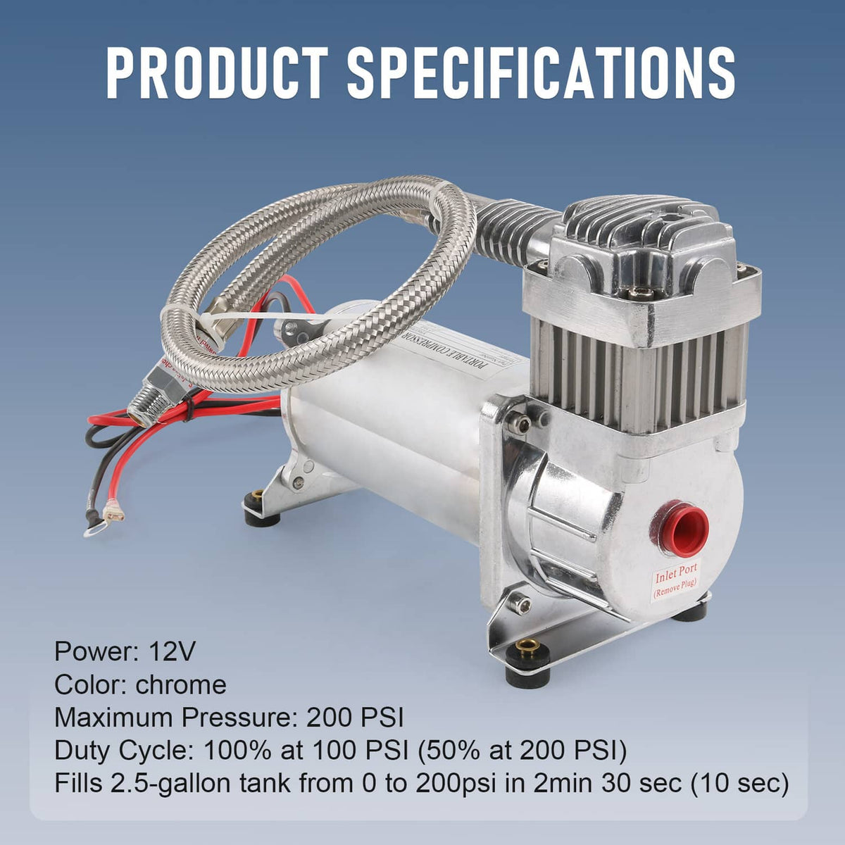 Chrome air compressor unit with braided hose and red/black power wires