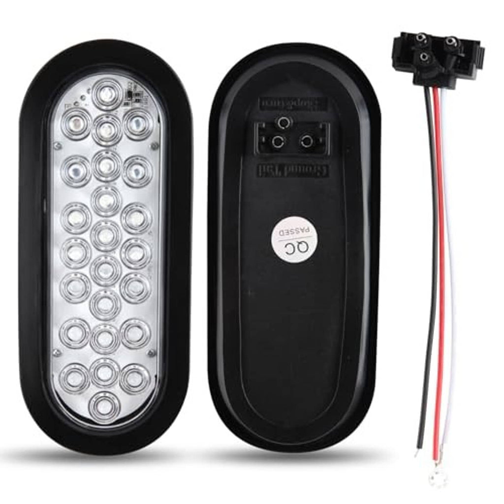 Oval LED tail light front and rear with clear lens and wire leads, black housing
