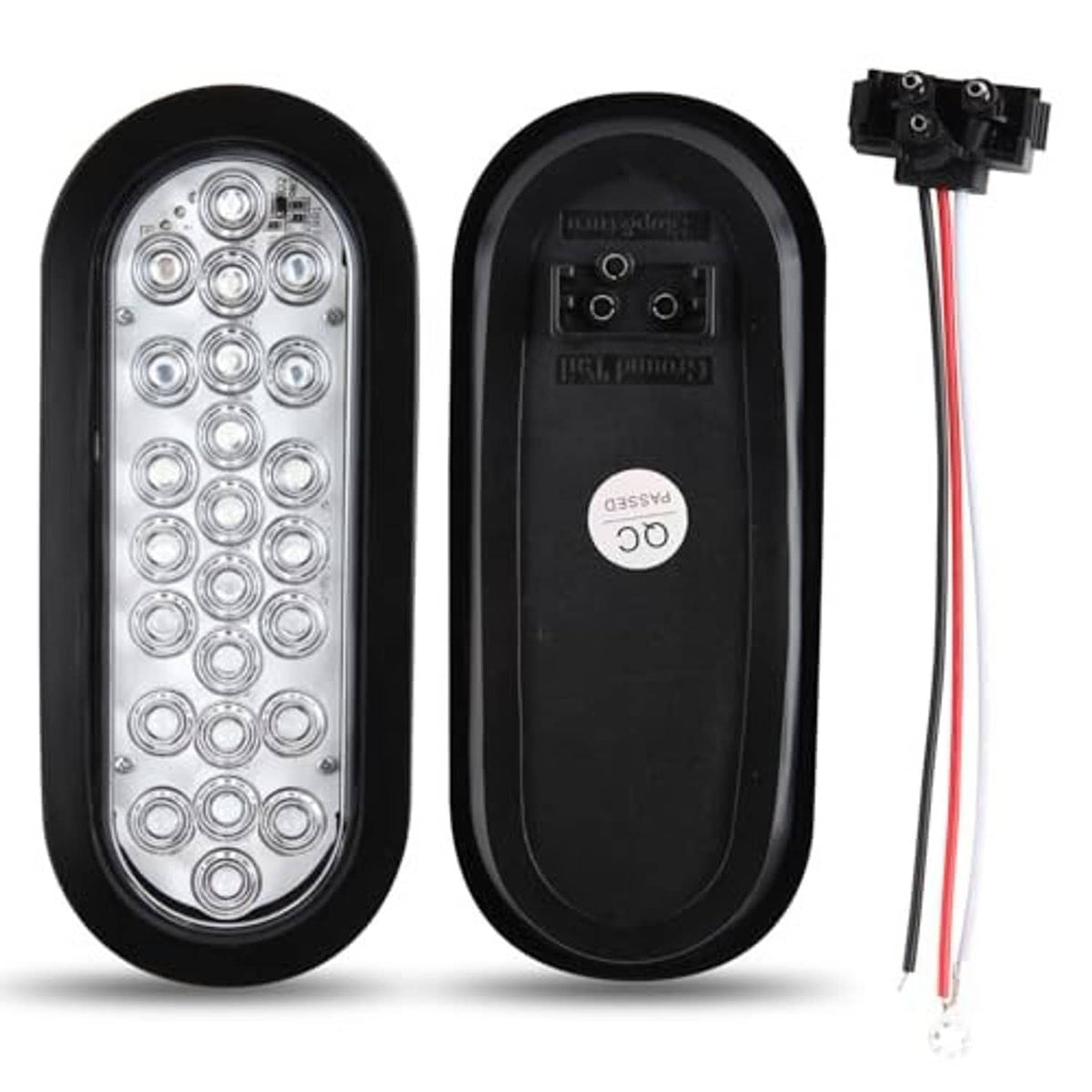 Oval LED tail light front and rear with clear lens and wire leads, black housing