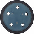 Round blue sanding pad with black edge and 7 dust extraction holes, centered mount hole