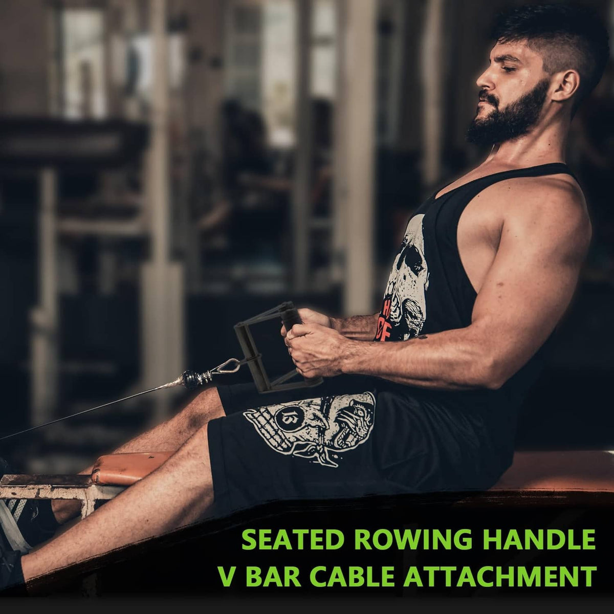 Seated row setup with black V bar cable attachment and textured grips in use
