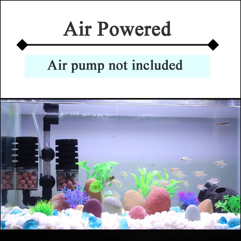 Air-powered aquarium sponge filter mounted on tank glass with bubble outlet