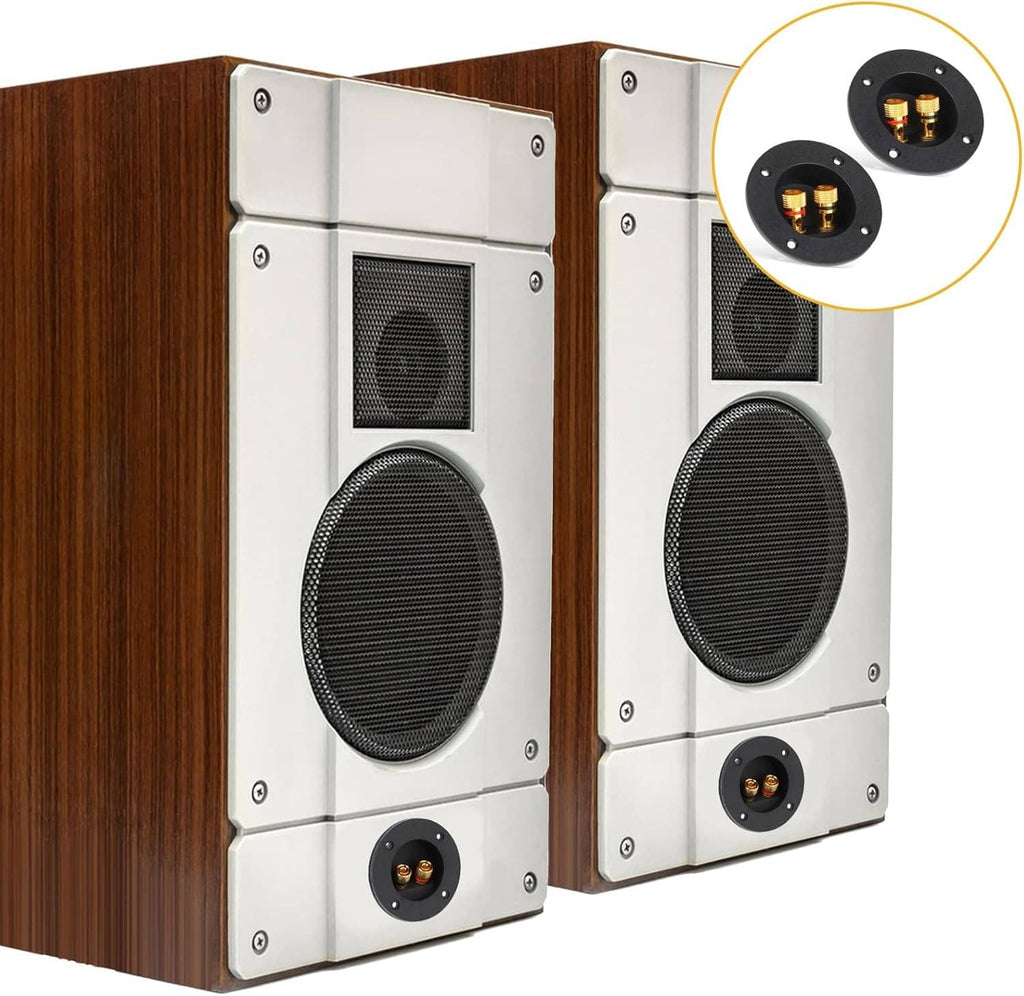 Speaker cabinet panel with black round terminal cup and two gold jack posts