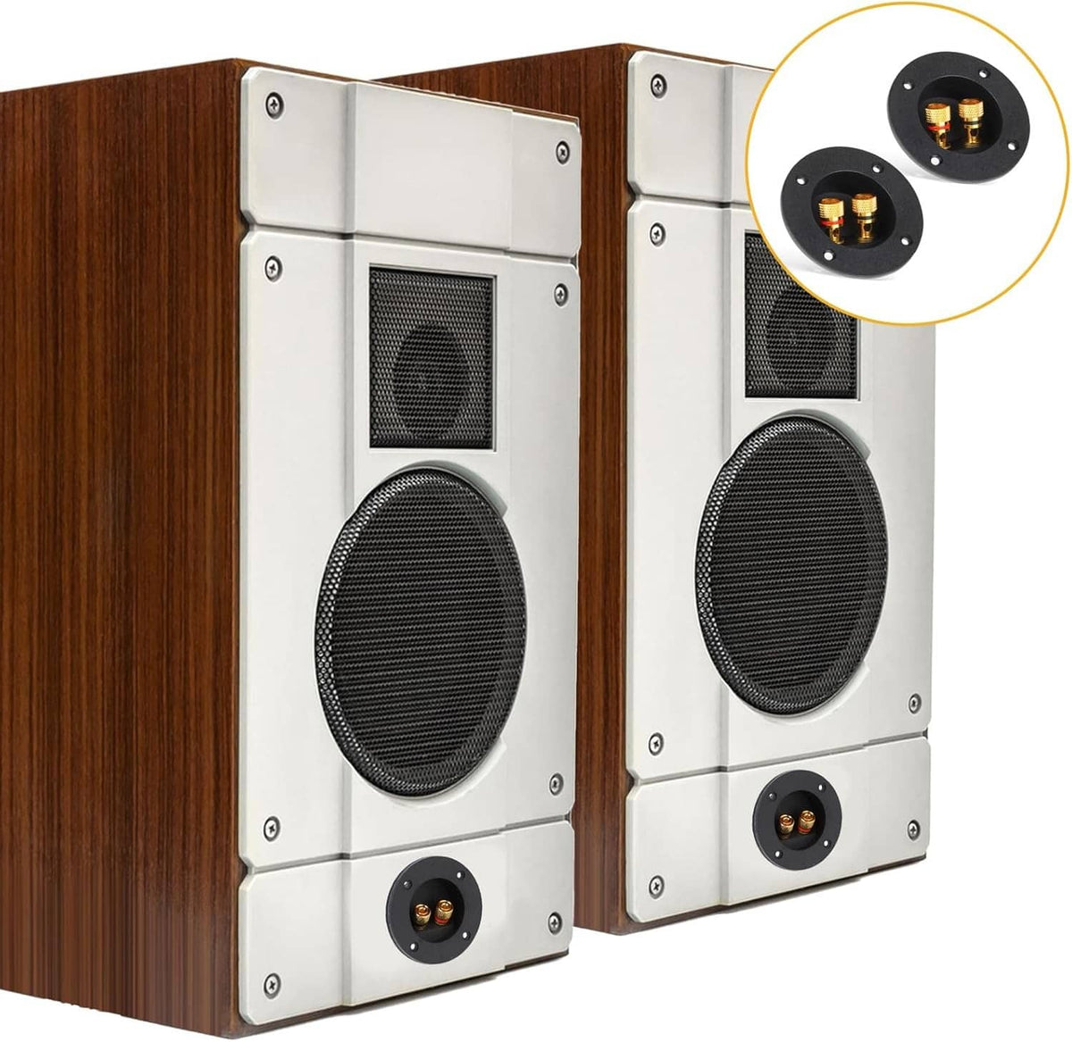 Speaker cabinet panel with black round terminal cup and two gold jack posts