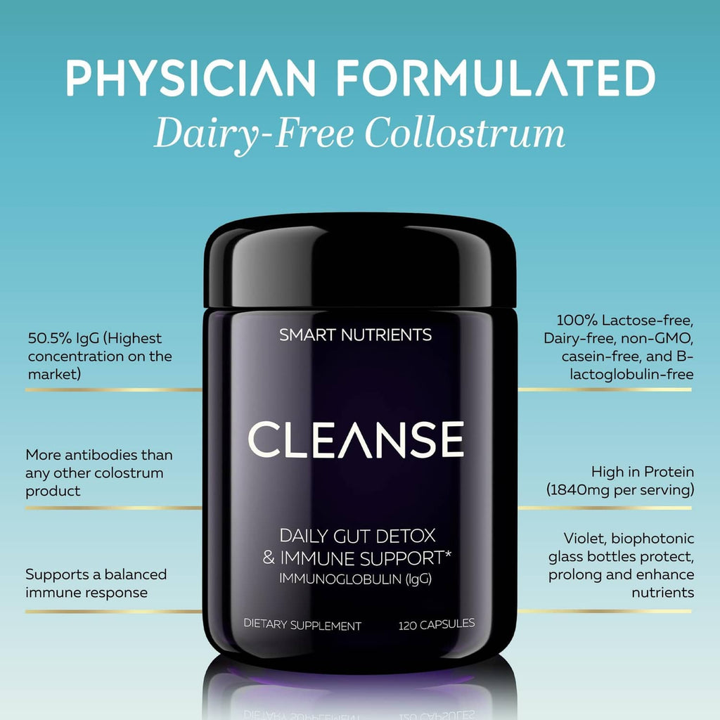 Dairy-free colostrum supplement bottle, black cap and CLEANSE label on front