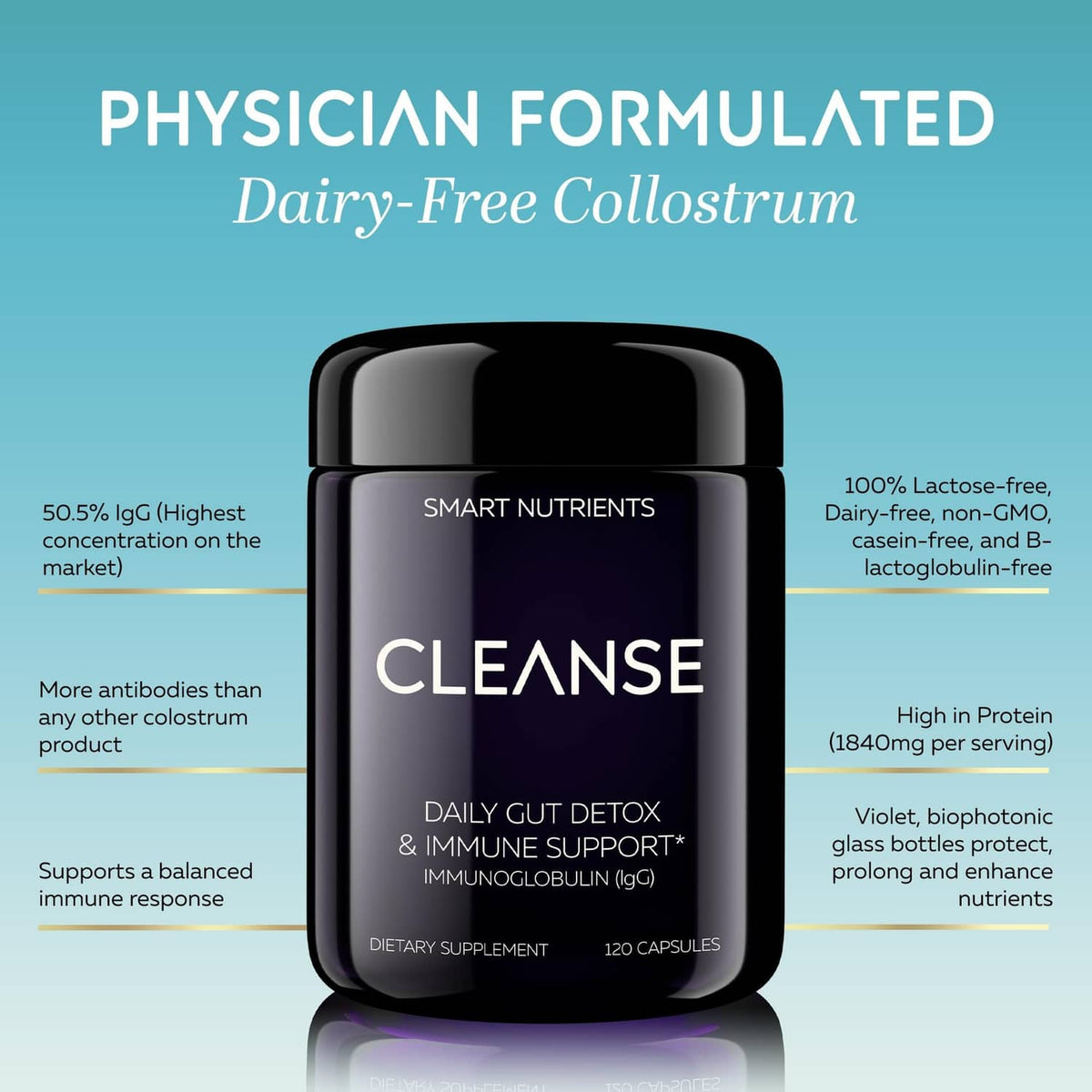 Dairy-free colostrum supplement bottle, black cap and CLEANSE label on front