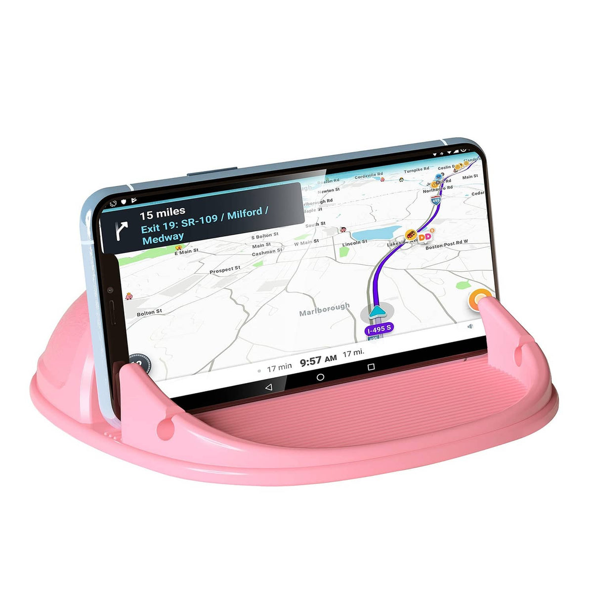 Pink silicone car phone holder with ridged cradle and dashboard mounting base