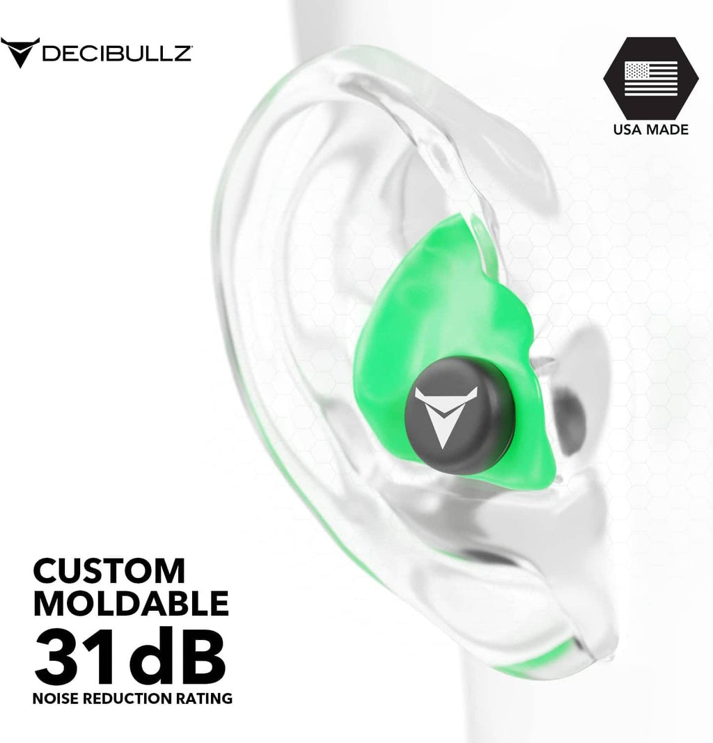 Green custom-moldable earplug inside a clear ear-canal shape illustration