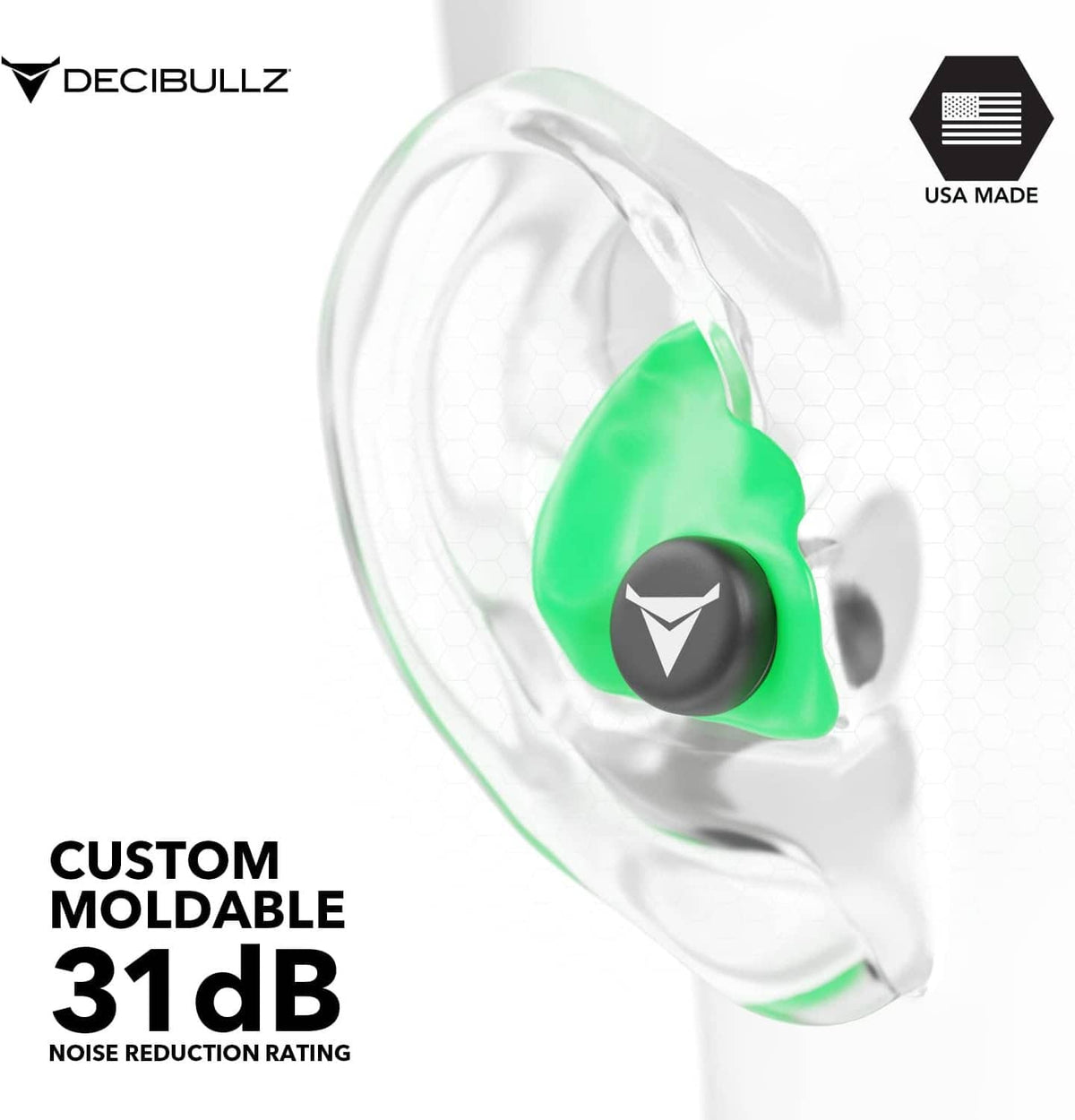 Green custom-moldable earplug inside a clear ear-canal shape illustration
