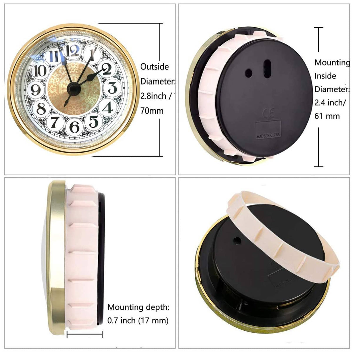 Round clock insert front with white dial and gold rim plus black mounting back housing