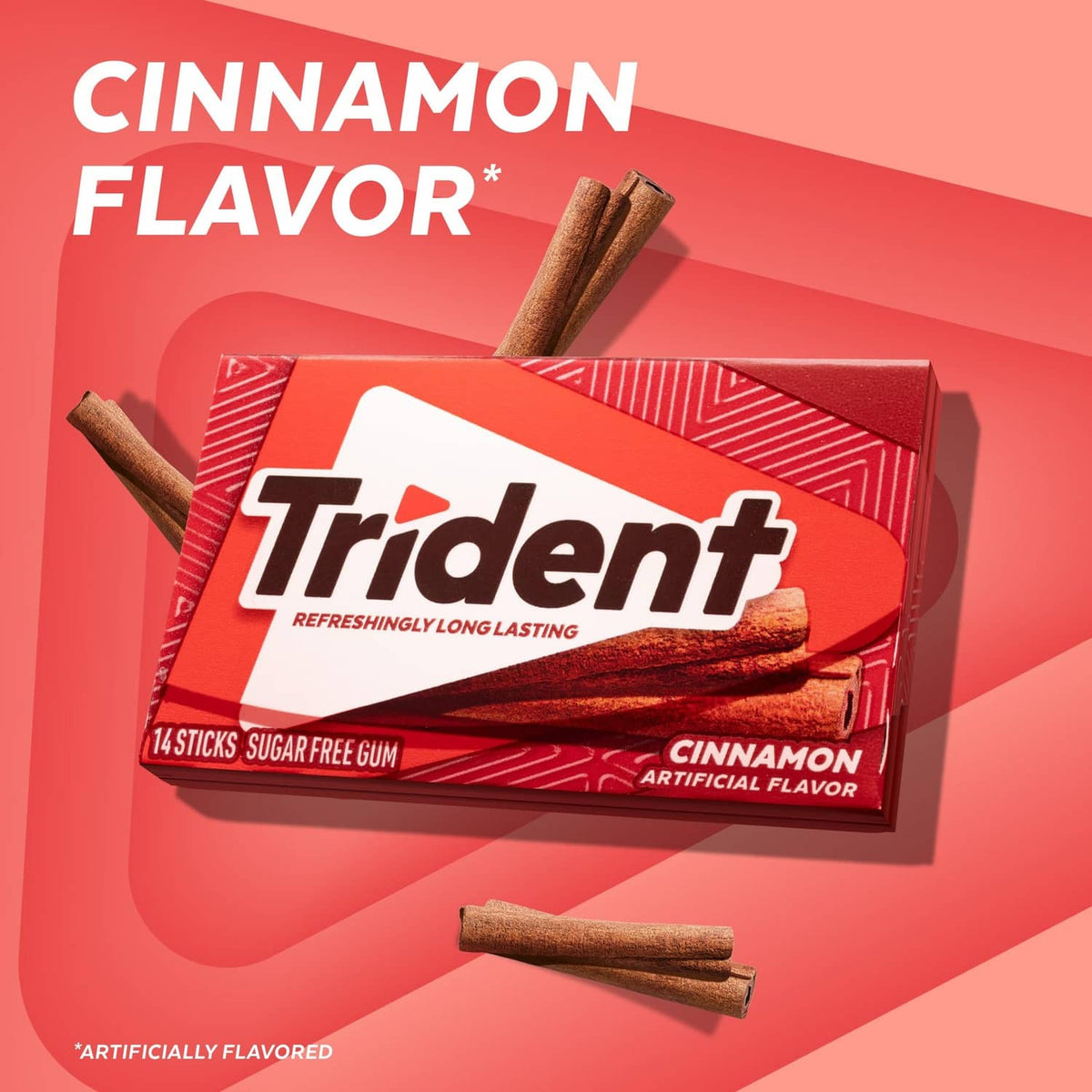 Trident cinnamon sugar-free gum pack with cinnamon artificial flavor, red package