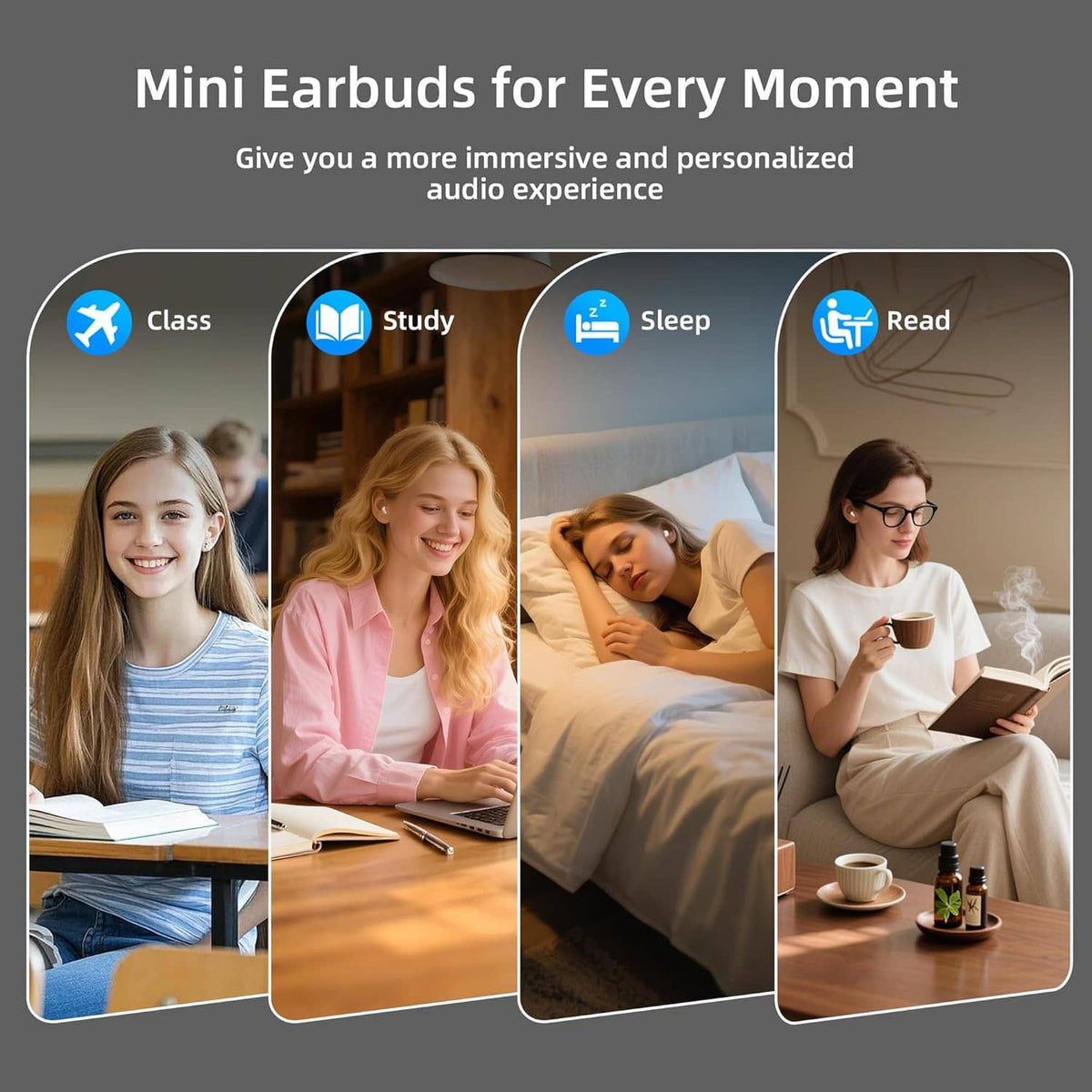 Wireless mini earbuds shown in a charging case with in-ear listening icons