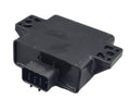 Black ignition CDI module with two mounting tabs and side connector pins