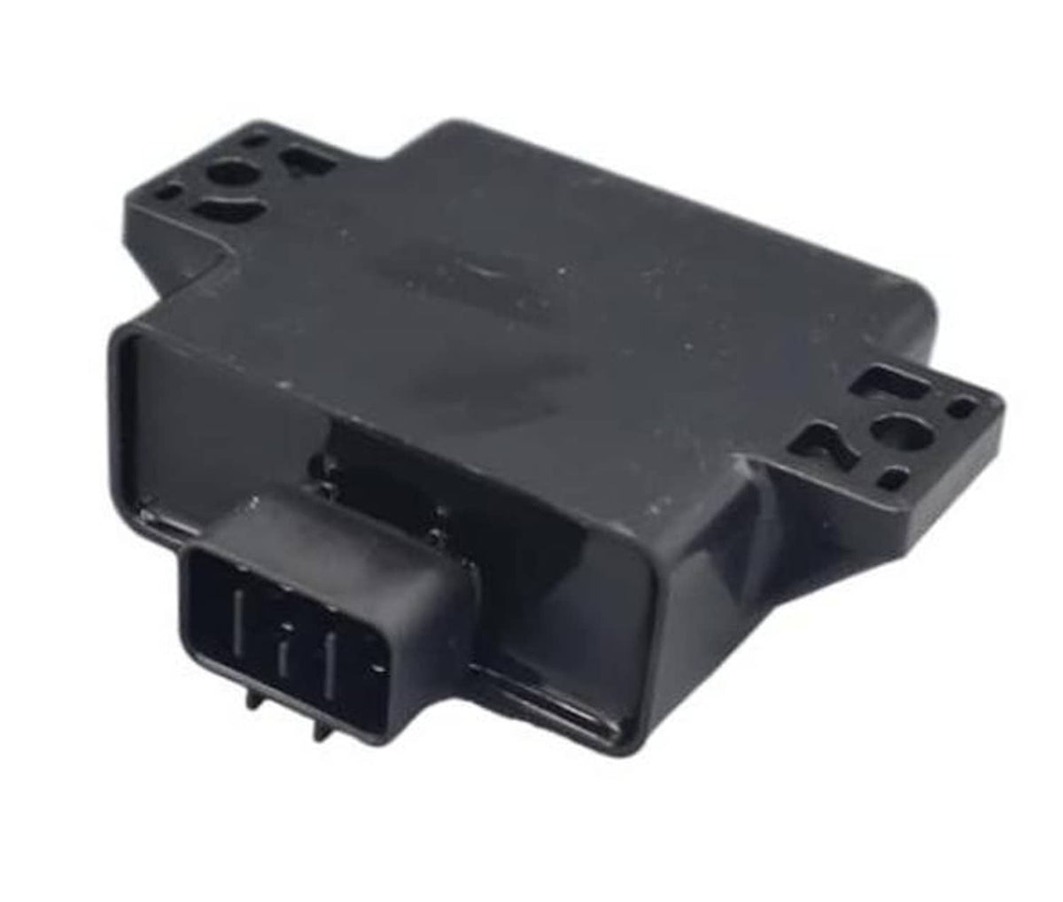 Black ignition CDI module with two mounting tabs and side connector pins