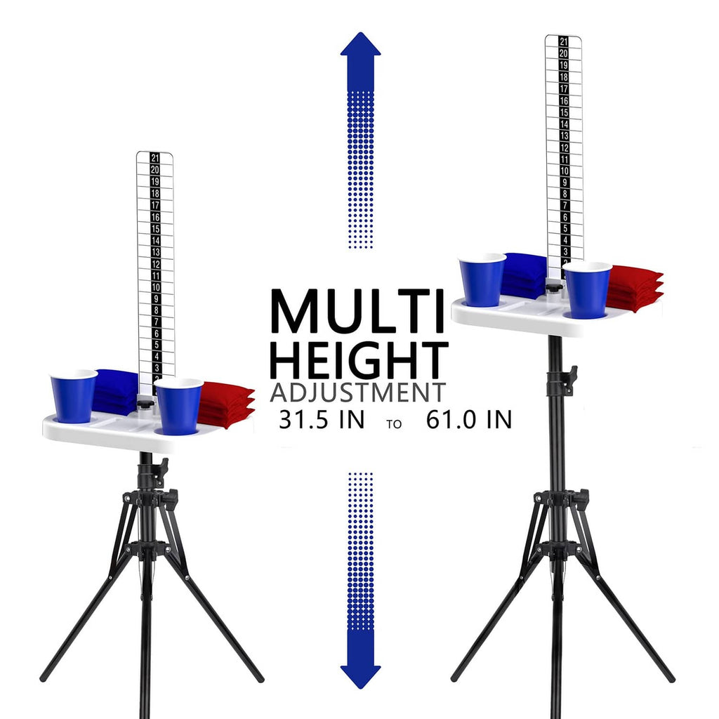 Height-adjustable cornhole scoreboard set with two numbered panels and cup holders