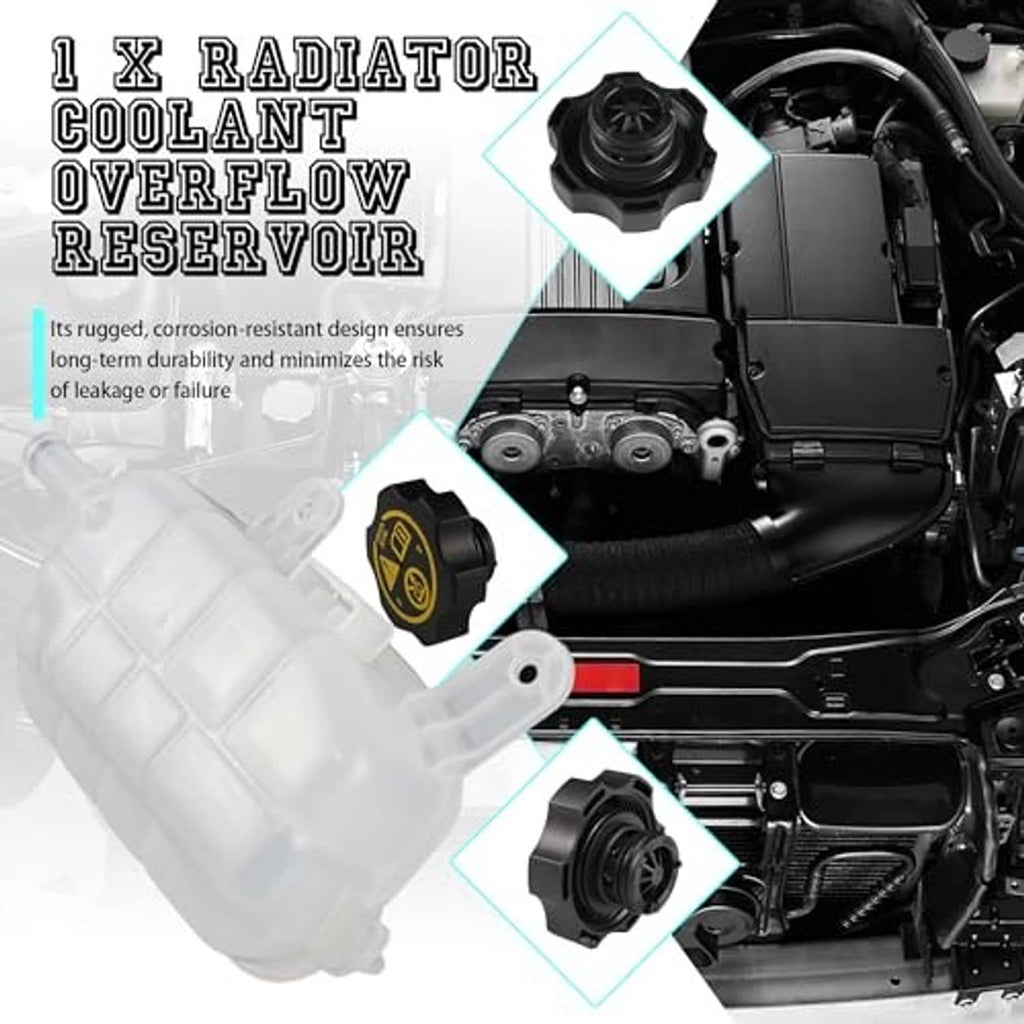 Engine coolant overflow reservoir tank with black cap, translucent white plastic