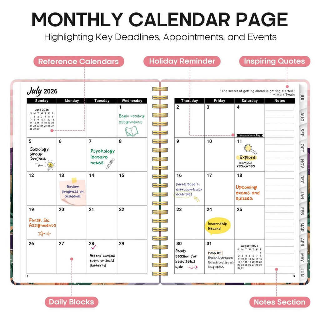 Open monthly calendar planner pages with July 2026 grid and highlighted key dates