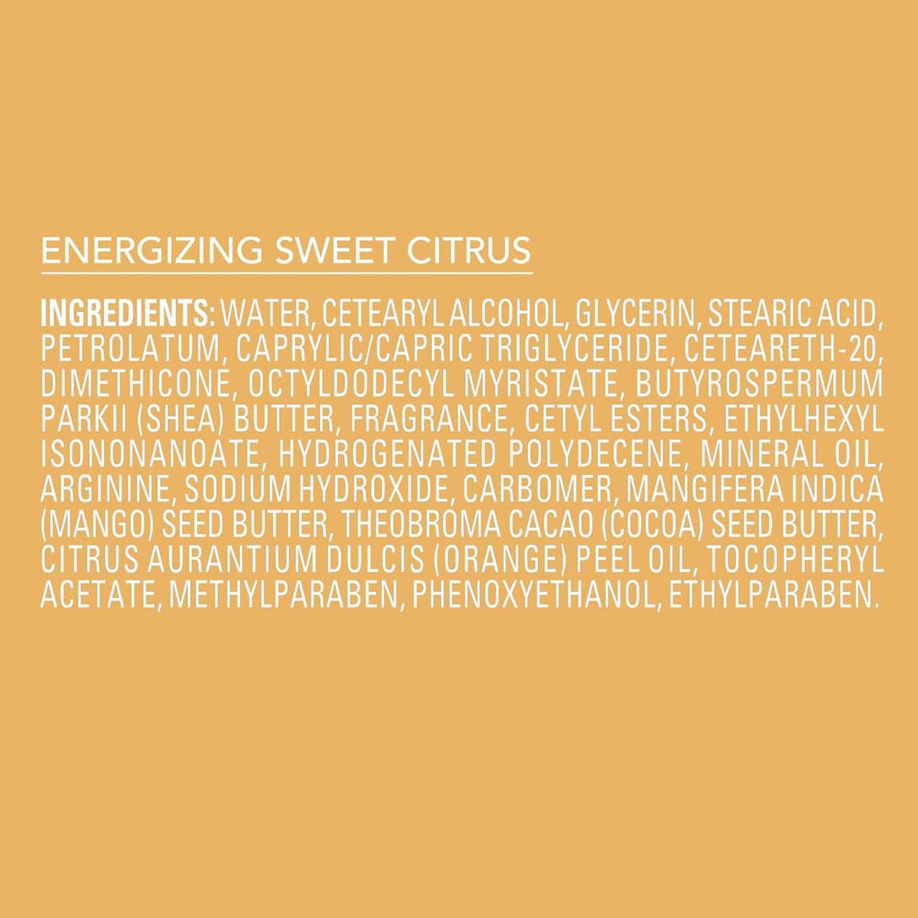 Energizing Sweet Citrus body butter ingredients panel on an orange label background.