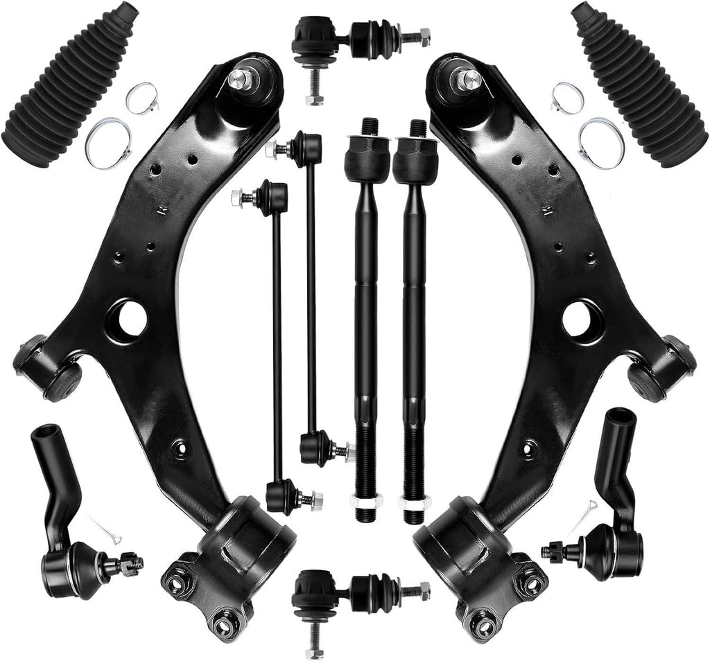 Front suspension control arm set with tie rod boots, ball joints, and link rods, black