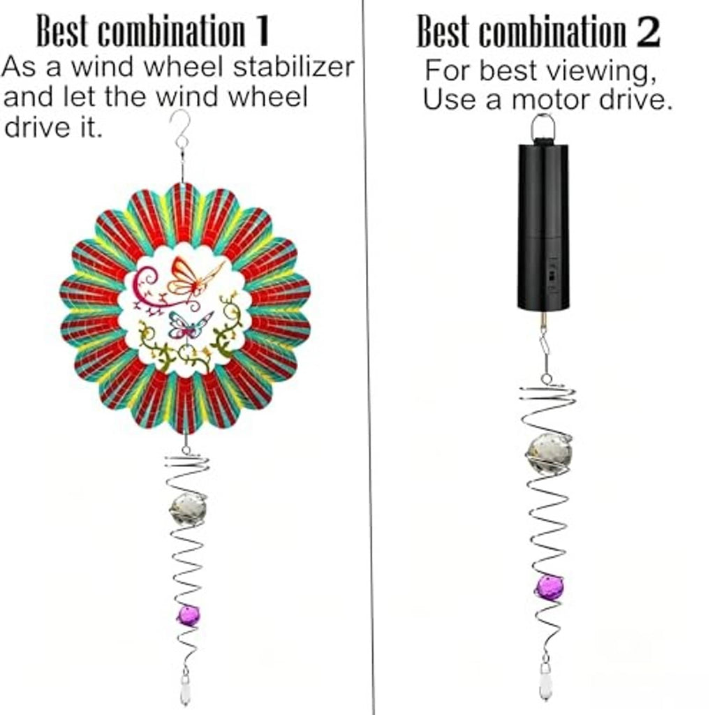 Two hanging spiral wind spinners with clear crystal orbs and purple beads
