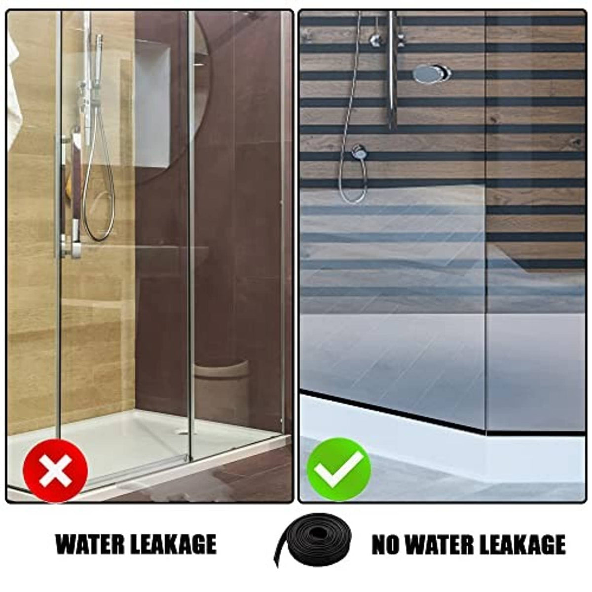 Black rubber shower door bottom seal strip along shower door threshold for leak control