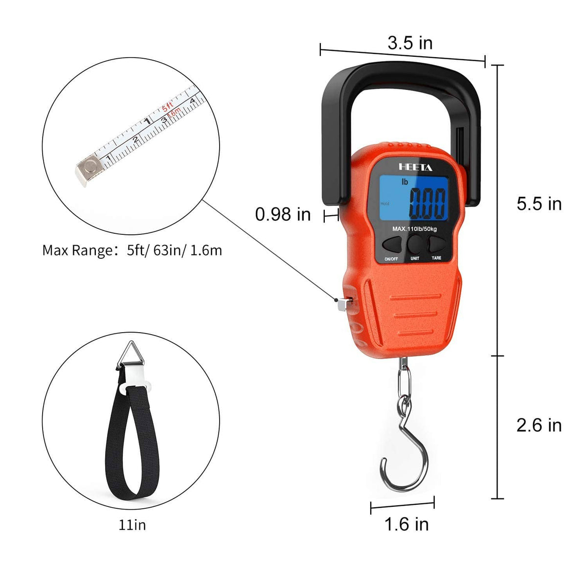 Orange handheld scale with backlit LCD, top handle, and S-hook