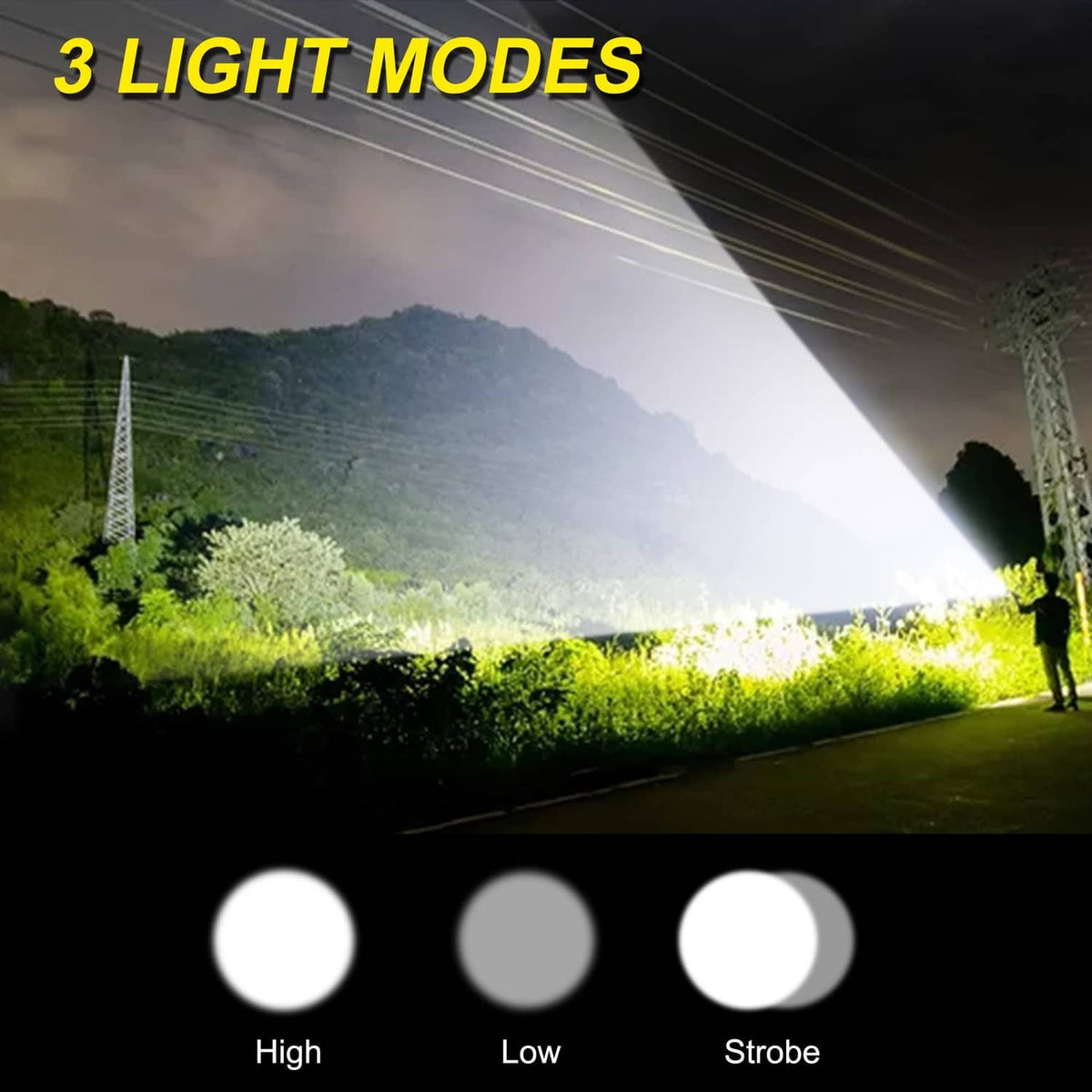 Black LED flashlight showing three light-mode beams: high, low, and strobe