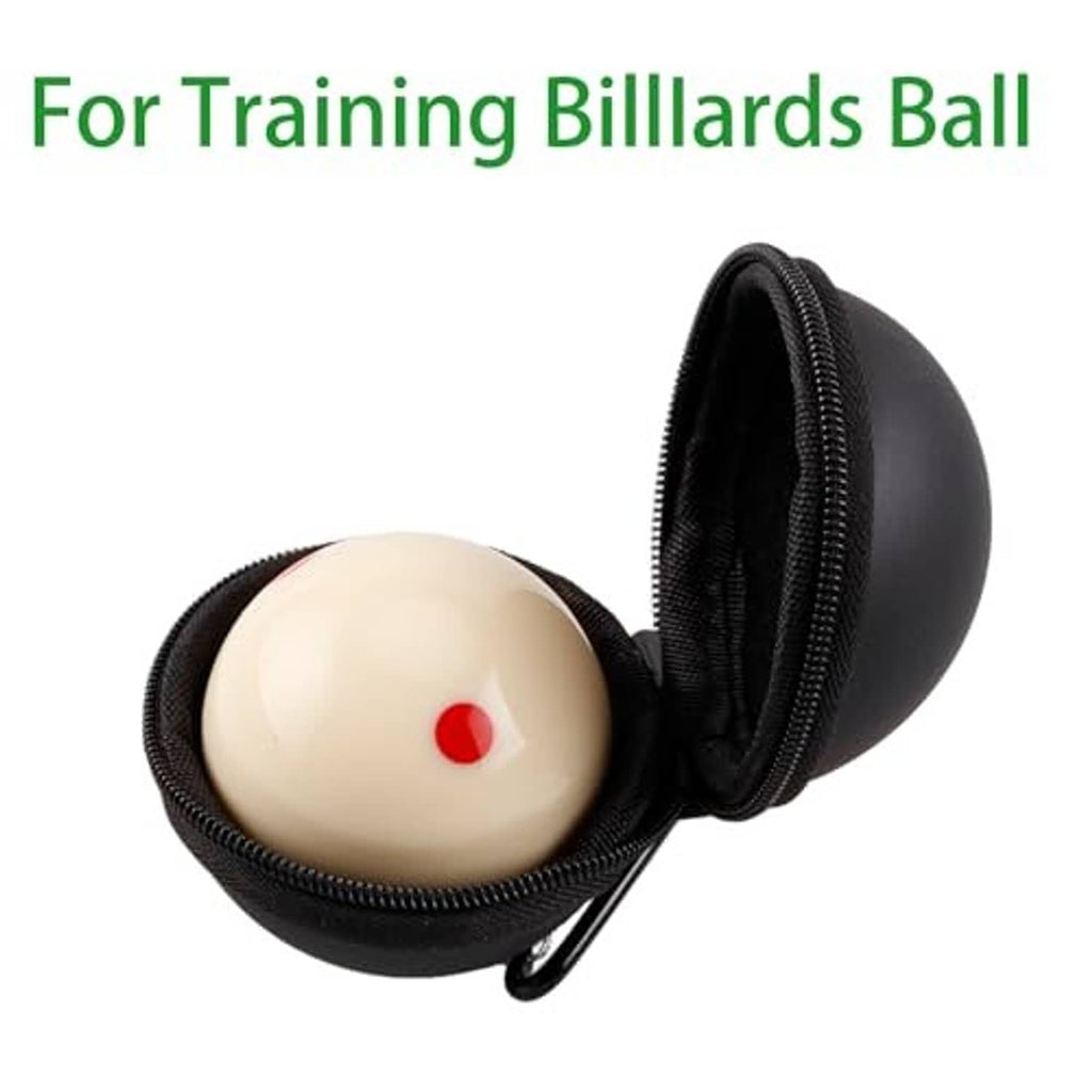 Black zippered billiard ball case holding a light training cue ball
