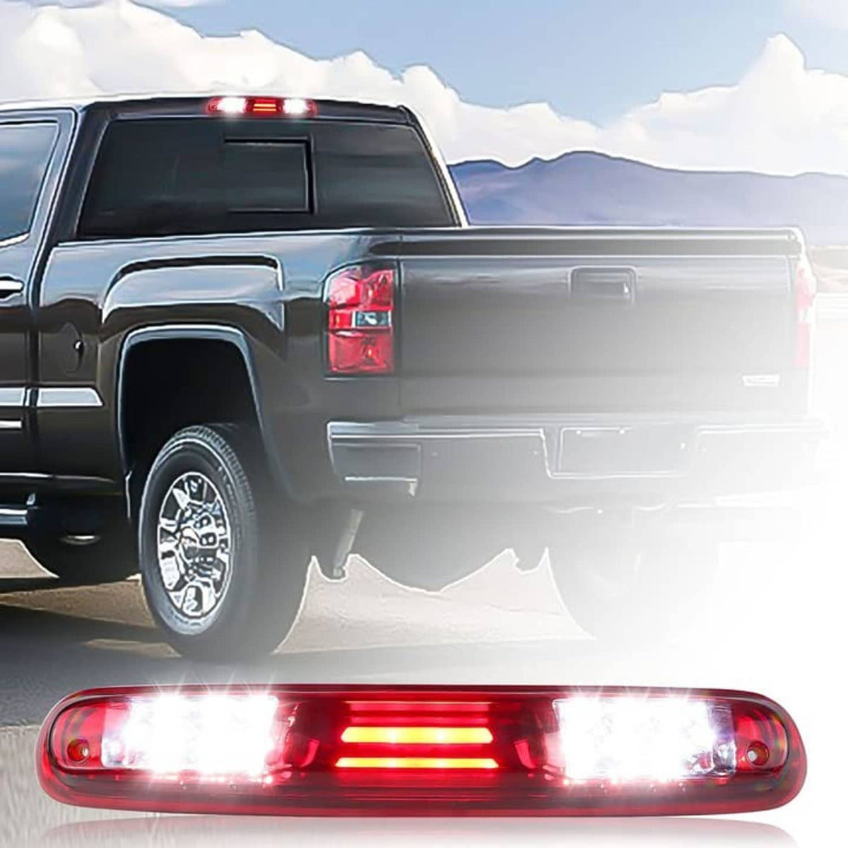 LED tail light assembly with red lens and clear LED strip lights, mounted on vehicle rear