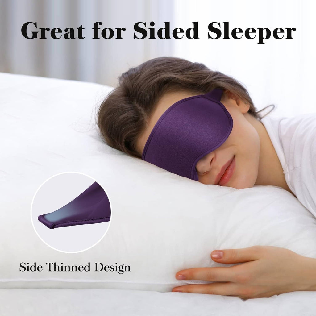 Purple 3D sleep eye mask for side sleepers on person lying on side