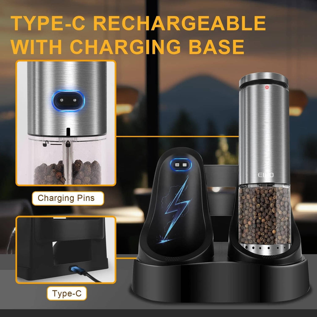 Stainless steel electric salt and pepper grinder set with Type-C charging base