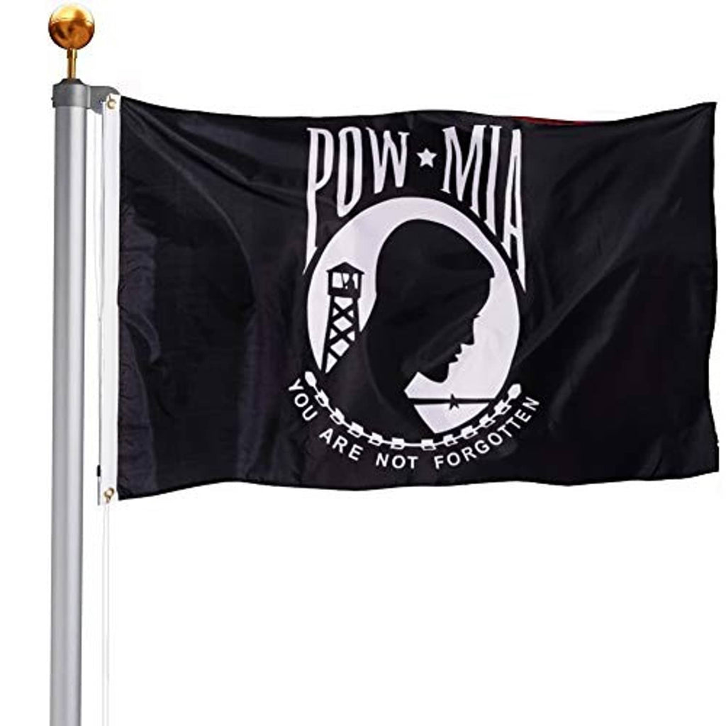 Black POW-MIA flag on pole with POW-MIA text, soldier silhouette, and “You are not forgotten”
